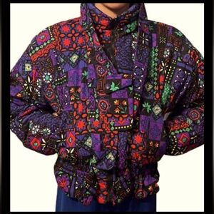 90's PURPLE Edelweiss Geometric Floral Black orange LOUD ZIP Snow Ski Jacket Med